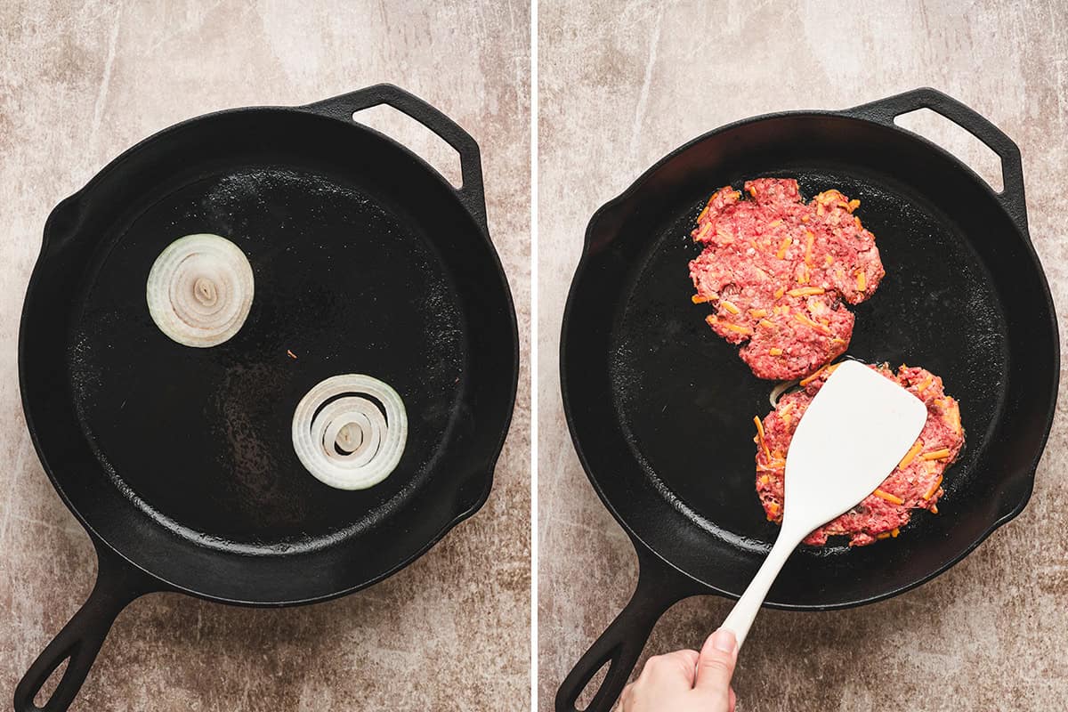 Onions in a skillet, followed by burger patties being smashed into the skillet.