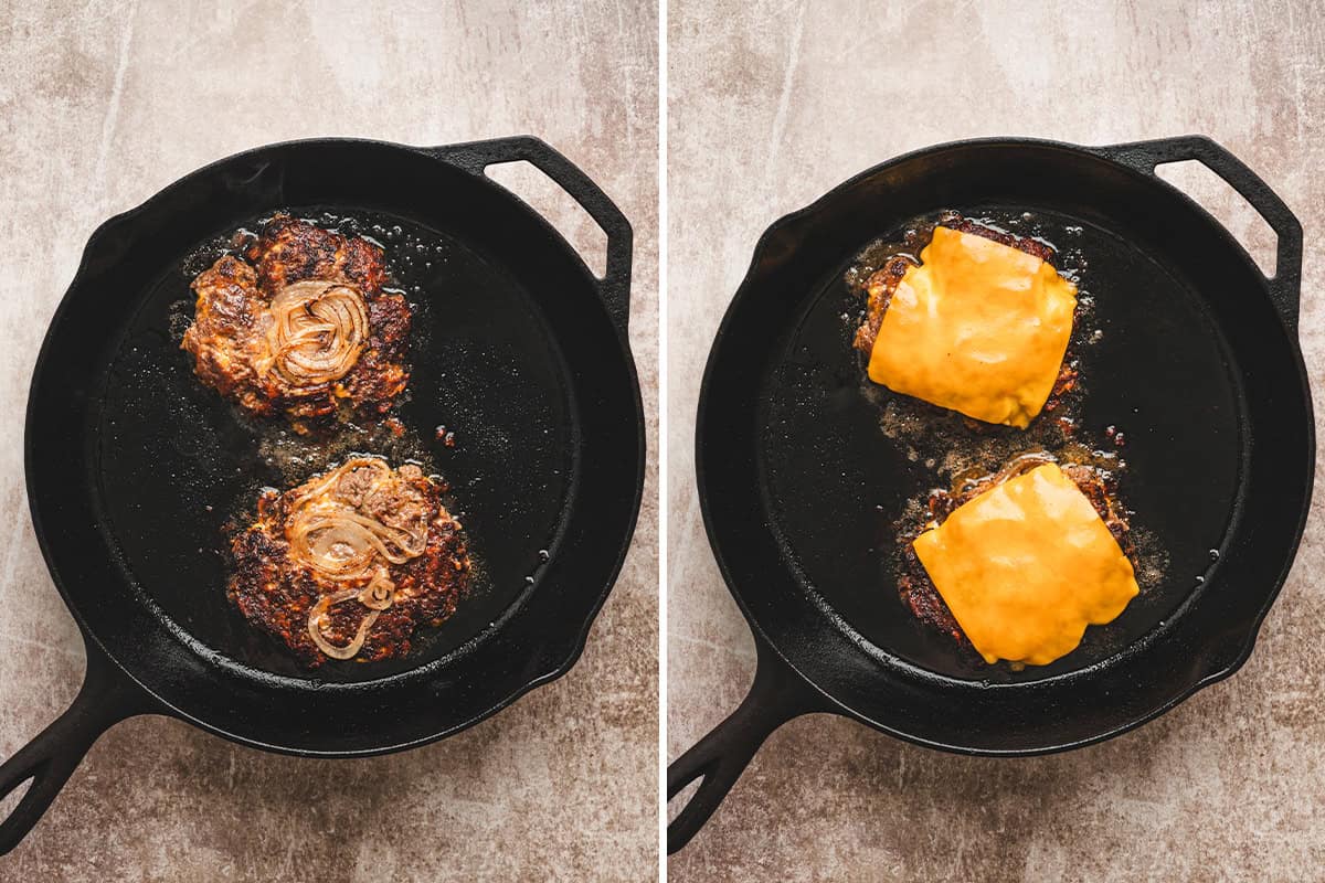 Crack smash burgers patties in a skillet, followed by the same patties topped with cheese.