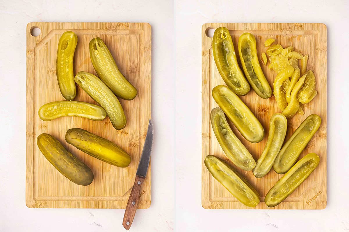 Dill pickles sliced in half, followed by the middles scooped out.