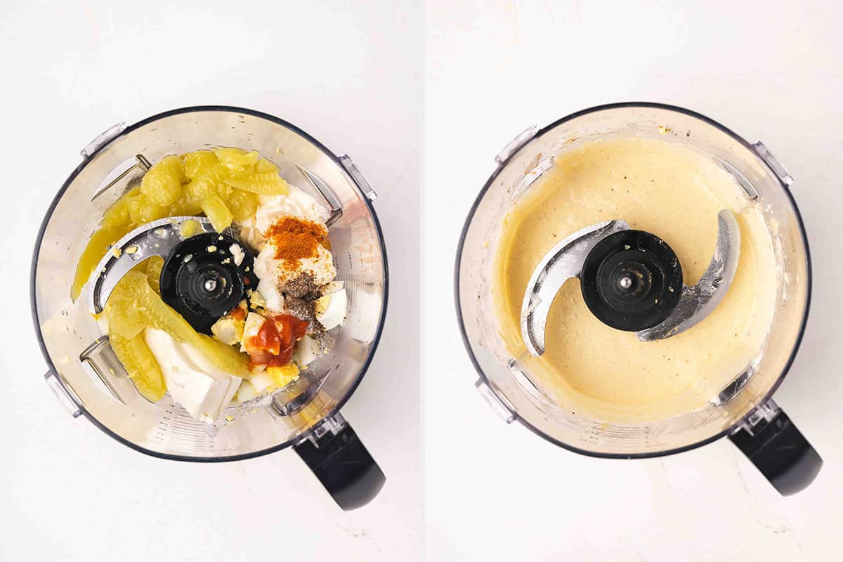 Cream cheese, mayo, mustard, sriracha, seasonings and boiled eggs in a food processor.