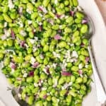 Overhead view of an edamame salad on a platter.