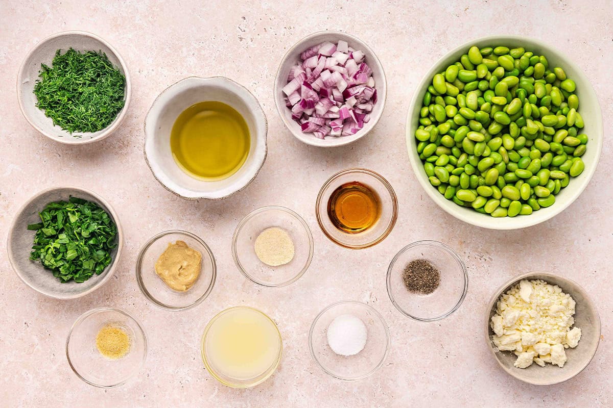 The ingredients to make an edamame salad.