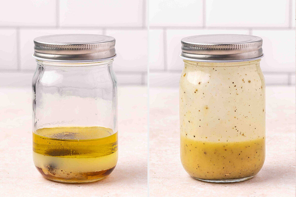 Salad dressing ingredients in a jar, followed by an emulsified dressing in the same jar.