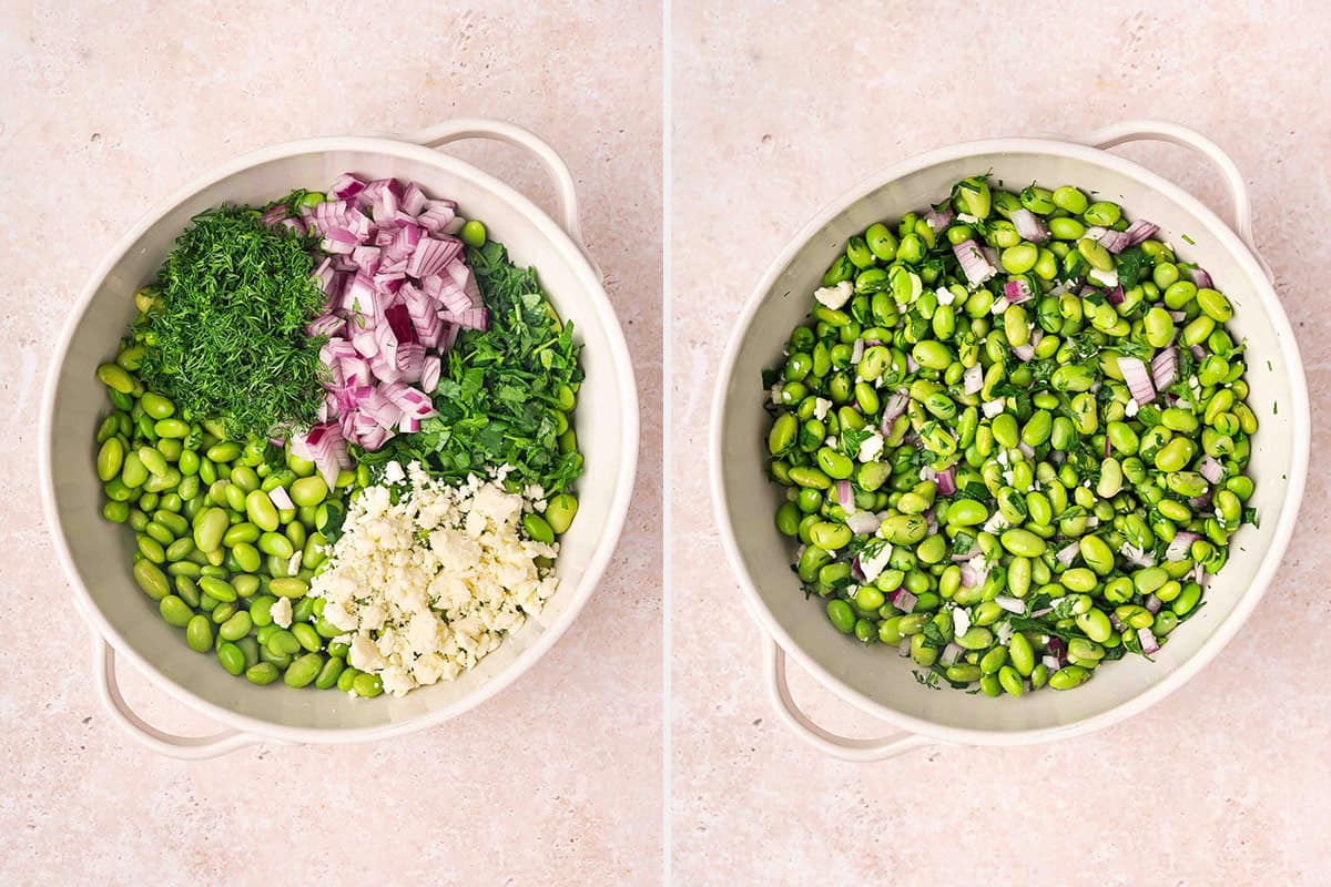 Edamame salad ingredients in a bowl, followed by those same ingredients combined.