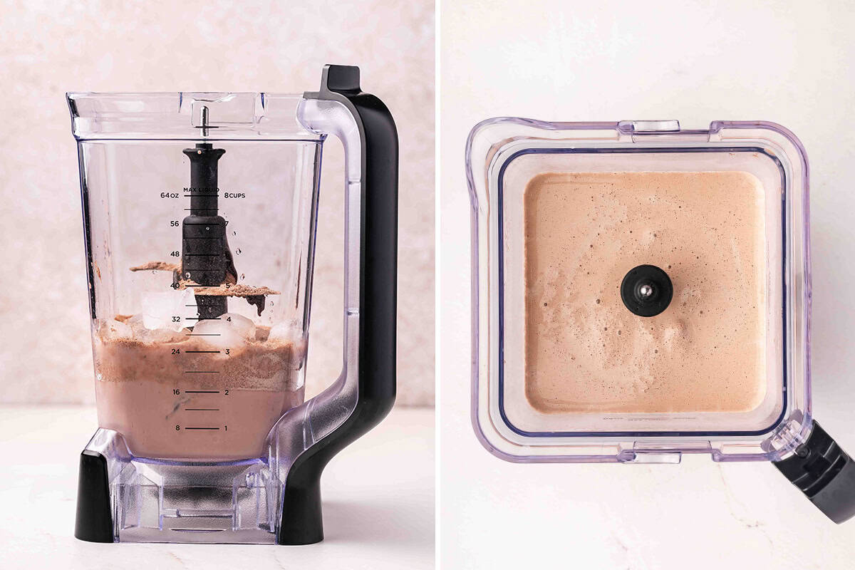 Chocolate milk, hot cocoa mix, and ice in a blender before and after blending into a smooth frozen hot chocolate mixture