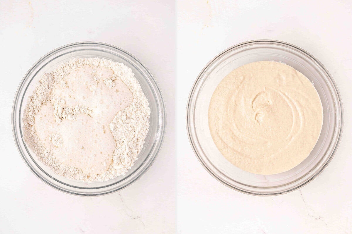 Pancake mix and soda in one bowl, followed by them combined to make a funnel cake batter.