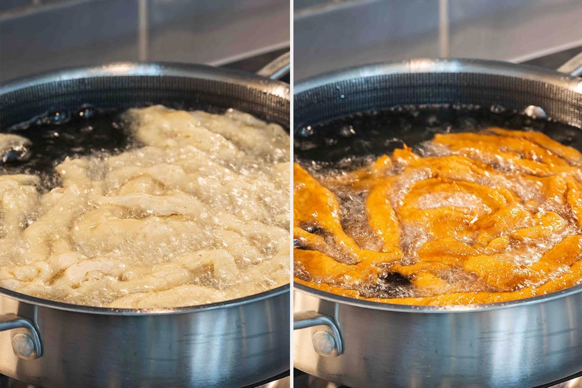 Funnel cake batter cooking in a pan of oil.