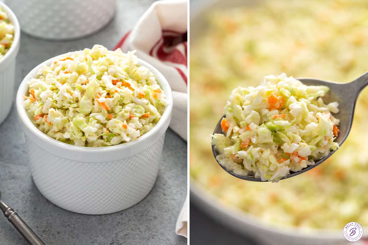 KFC coleslaw in a white crock next to a spoonful of coleslaw held up close