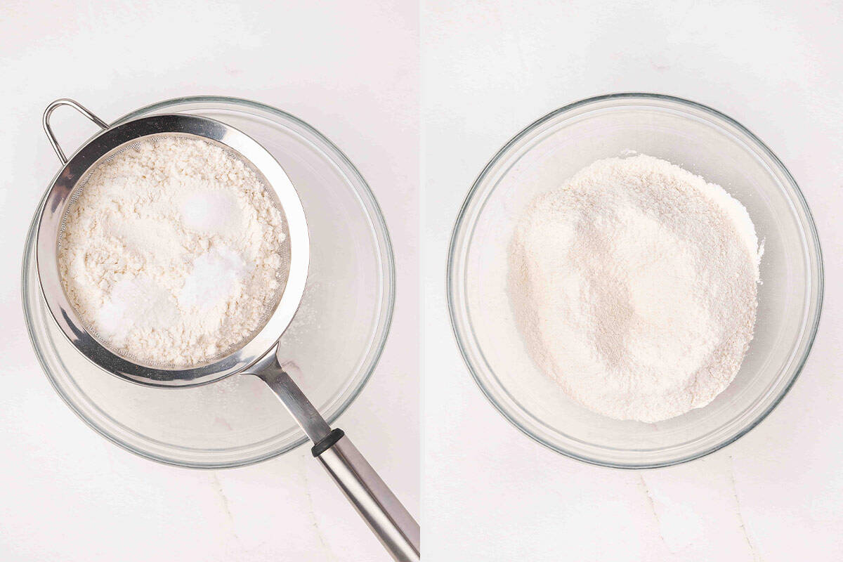 Flour being sifted into a bowl, followed by the bowl of sifted flour.