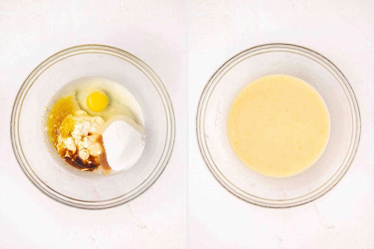 An egg, lemon yogurt, vanilla, and lemon zest in a bowl, followed by those ingredients whisked together in the bowl.
