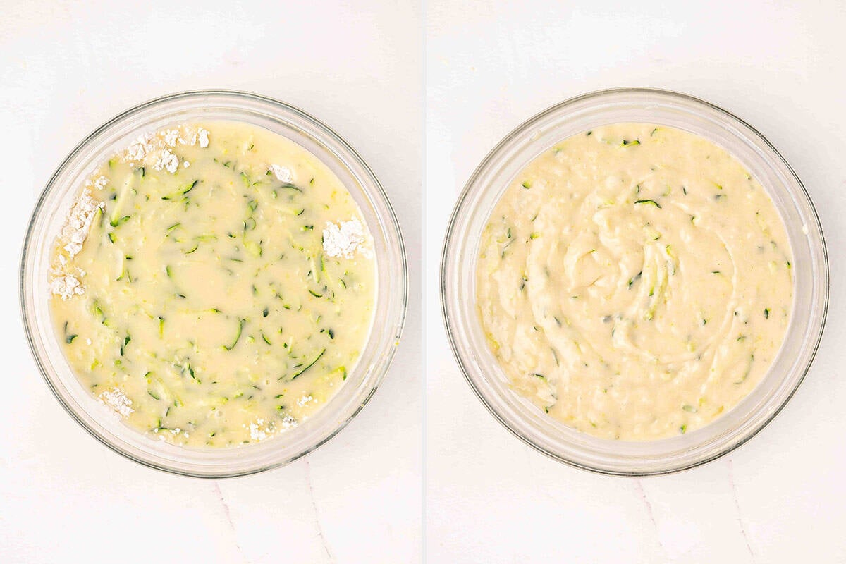 The dry ingredients added to the wet ingredients for lemon zucchini loaf in a bowl, followed by them combined into a batter.