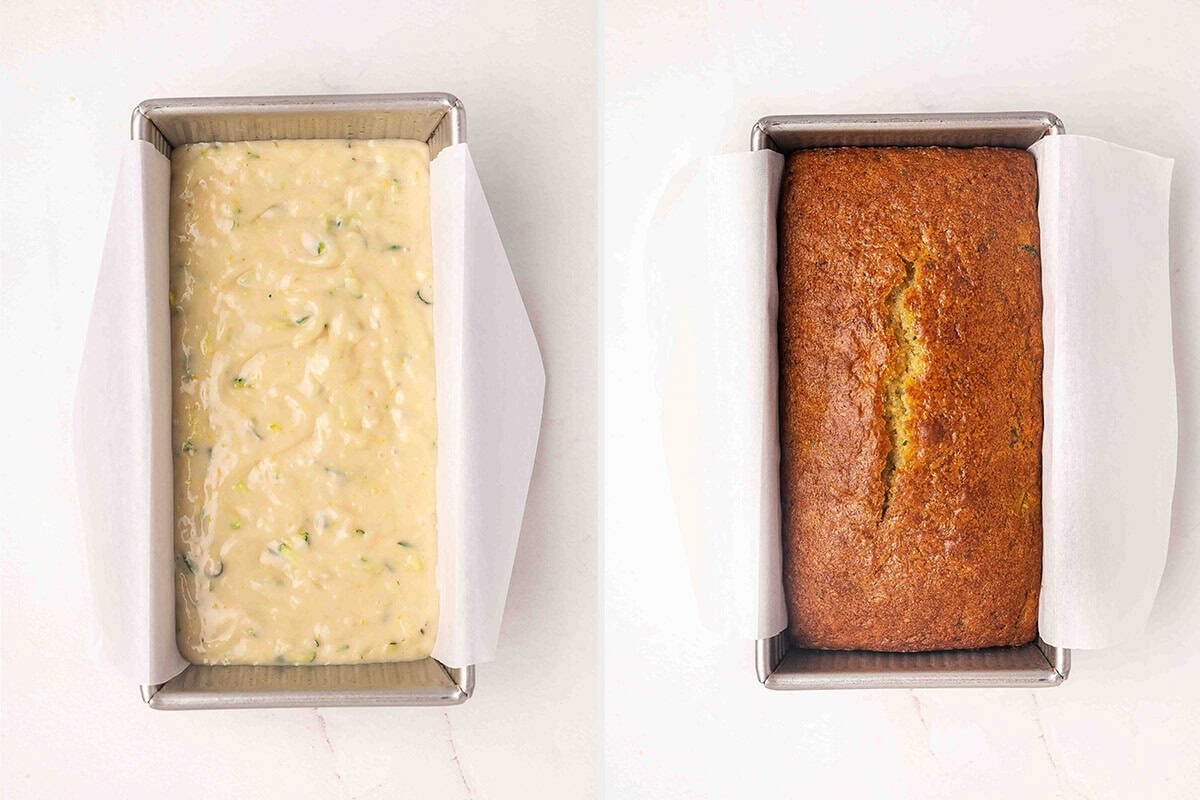 The batter for a homemade lemon zucchini loaf in a pan, followed by the freshly baked loaf.