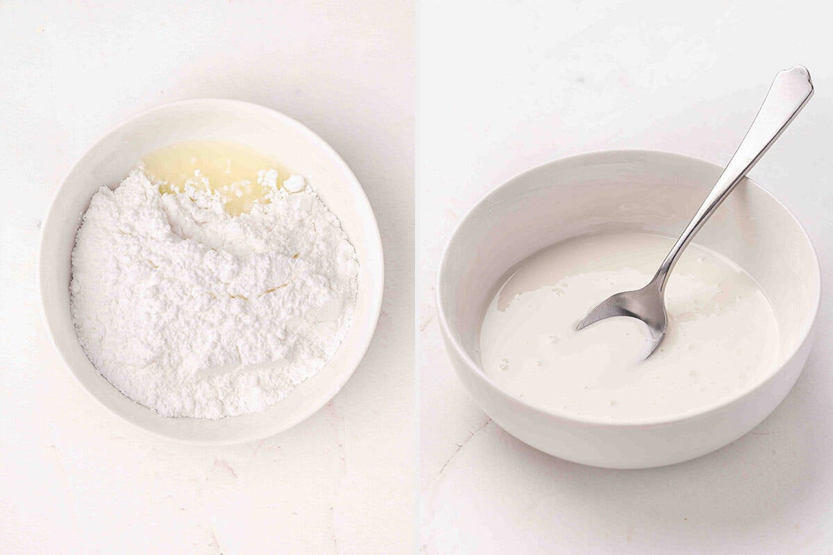 Lemon juice and powdered sugar in a bowl, followed by the same bowl with lemon glaze.
