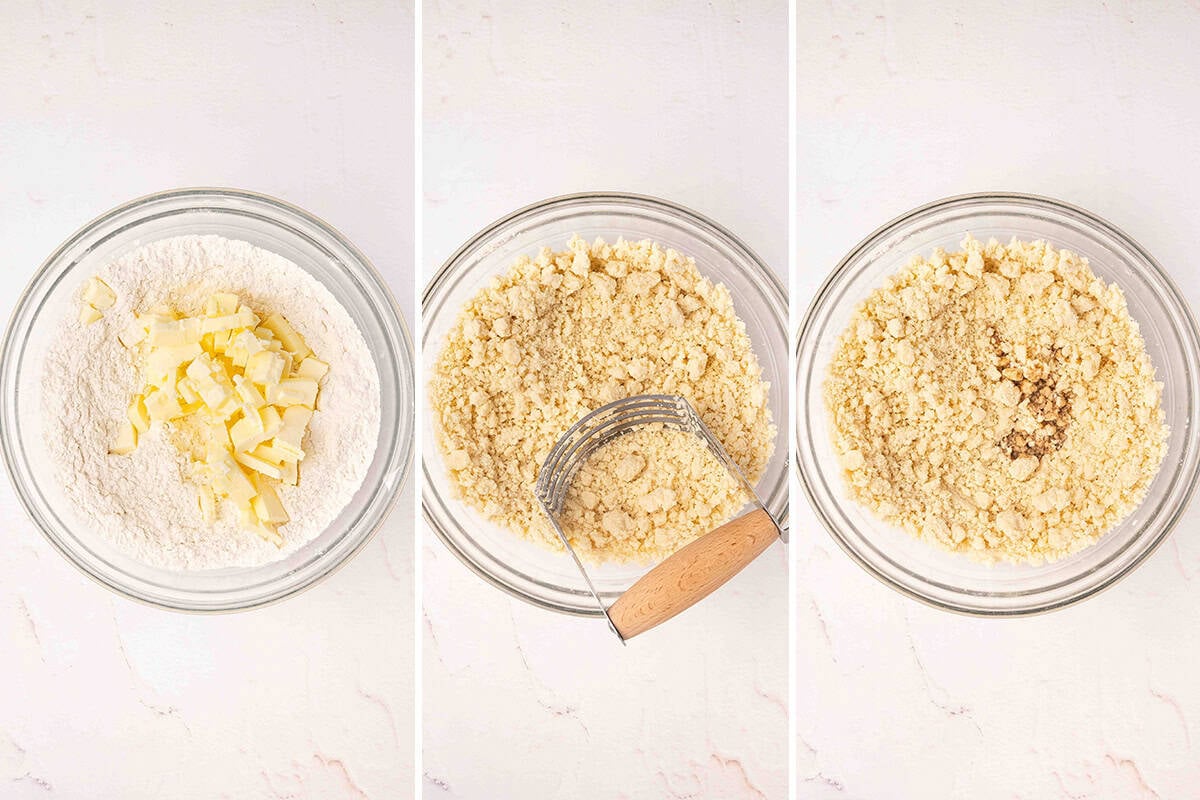 Butter and flour in a bowl, followed by the butter being cut into the flour with a pastry cutter, then the finished crumble mixture.