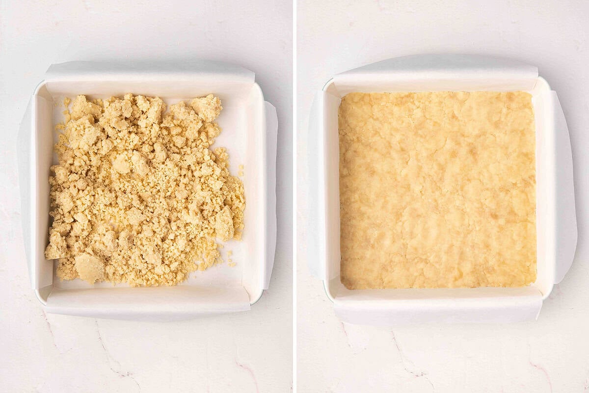 Shortbread mixture in a baking dish, followed by the mixture pressed down to make a crust.