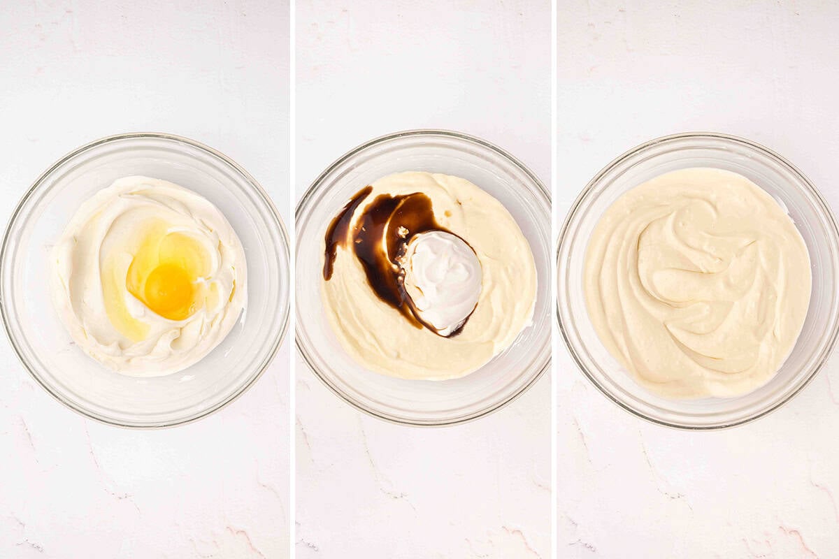 Cream cheese in a bowl with an egg cracked in, followed by sour cream and vanilla added, followed by an image of the finished cheesecake mixture.