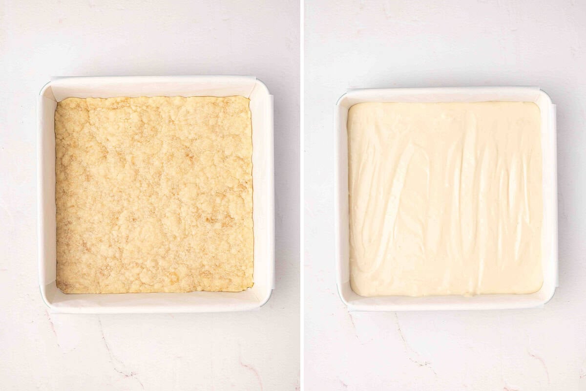 A shortbread crust in a baking dish, followed by a cheese cake filling added on top.
