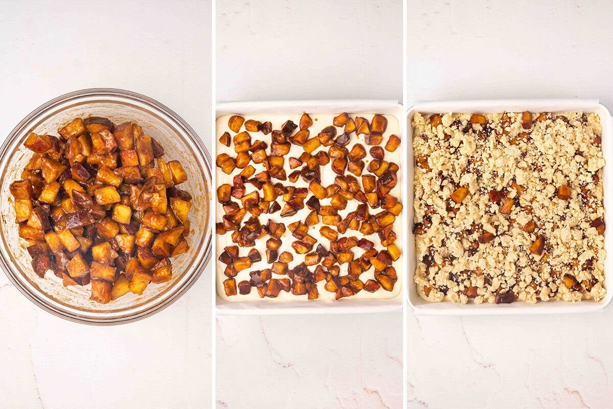 A bowl of diced peaches mixed with sugar, followed by the peaches added to a cheesecake filling then topped with crumble topping.