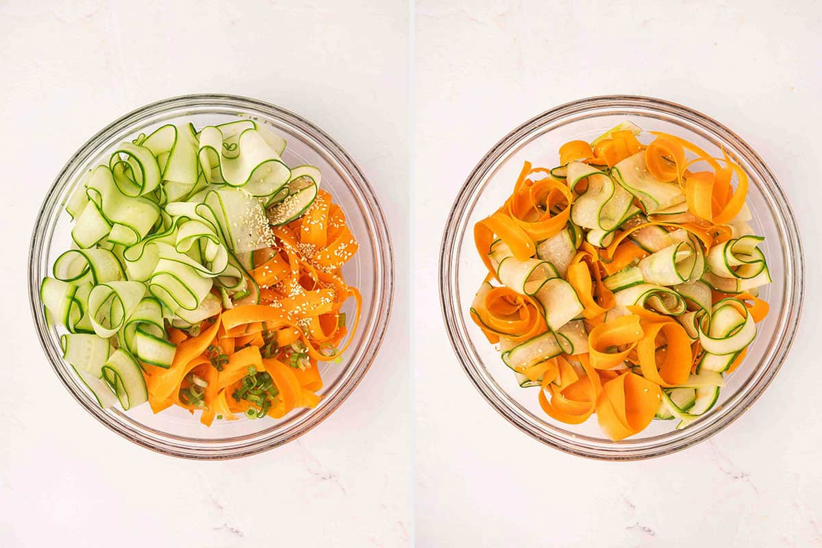 Shaved cucumbers and carrots with sesame seeds in a bowl, followed by the ingredients combined in a bowl.