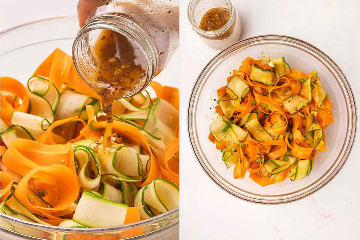 The homemade dressing being poured onto a shaved carrot salad, followed by a bowl of the dressed salad.