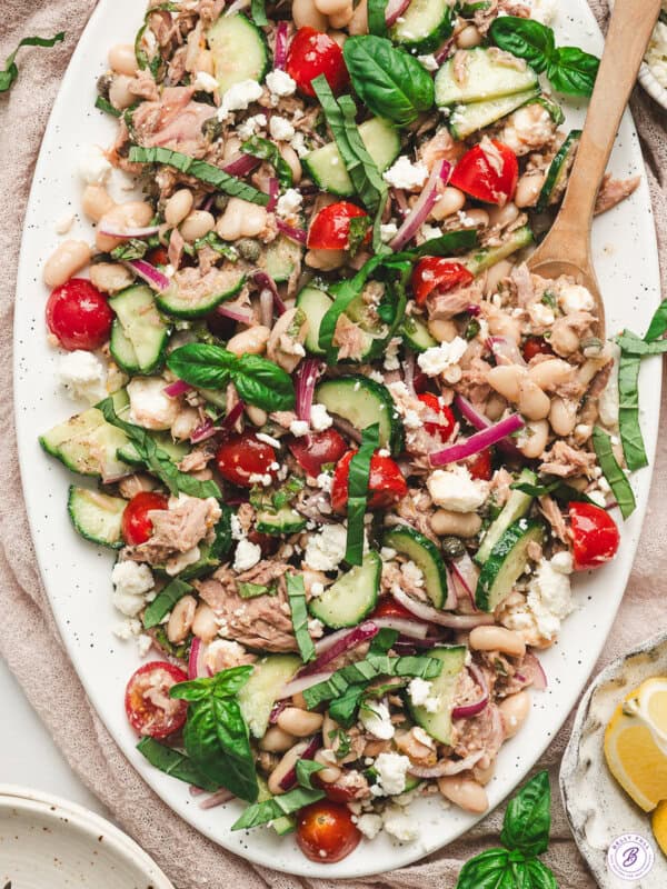 Overhead view of white bean tuna salad on a platter.