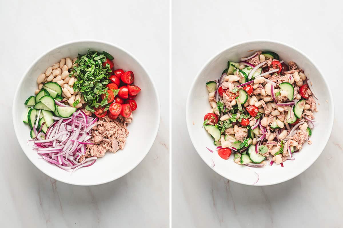 Sliced cucumber, red onion, cherry tomatoes, white beans and fresh basil in a bowl.