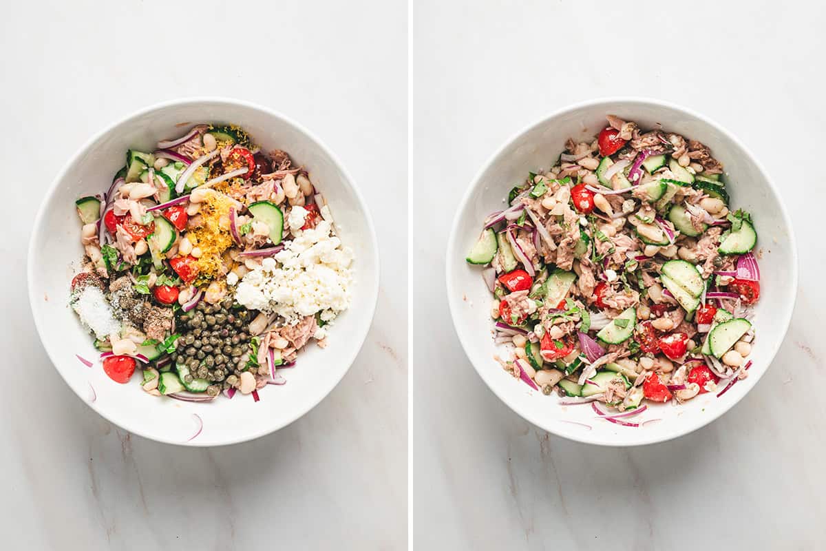 Feta, lemon zest and dressing ingredients added to a bowl of tuna white bean salad.