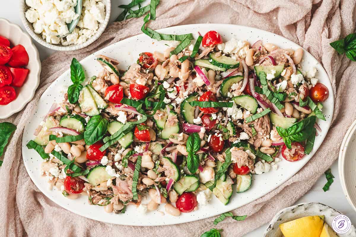 Tuna and white bean salad on a platter.