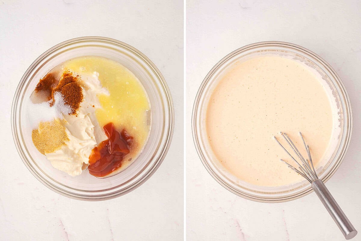 Mayonnaise, ketchup, melted butter, and spices in a glass bowl before whisking, next to the smooth whisked sauce