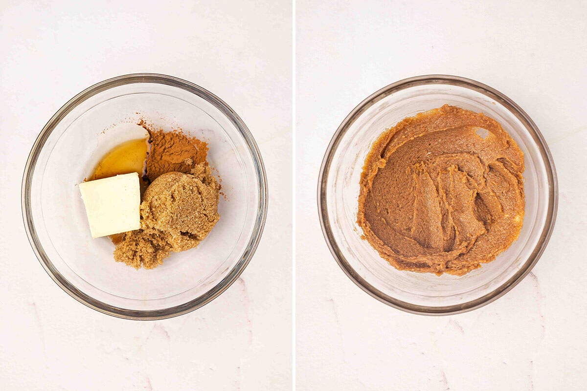 Butter, brown sugar, and cinnamon in a bowl.