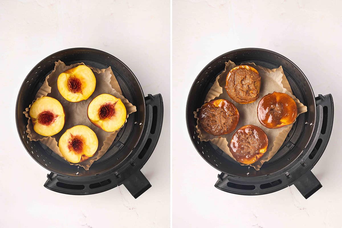 Peaches in an air fryer halfway through air frying, followed by the same peaches topped with cinnamon butter.