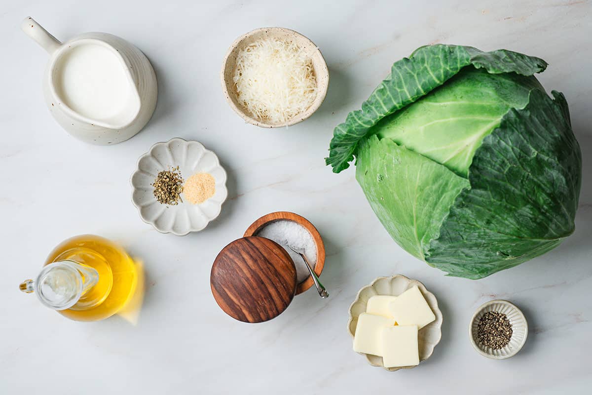 The ingredients to make alfredo cabbage ribbons.