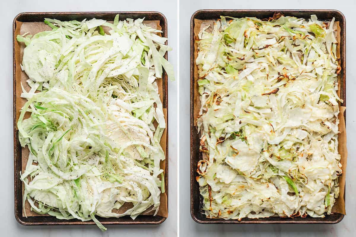 Shredded cabbage on a sheet pan, followed by baked cabbage on a sheet pan after baking.