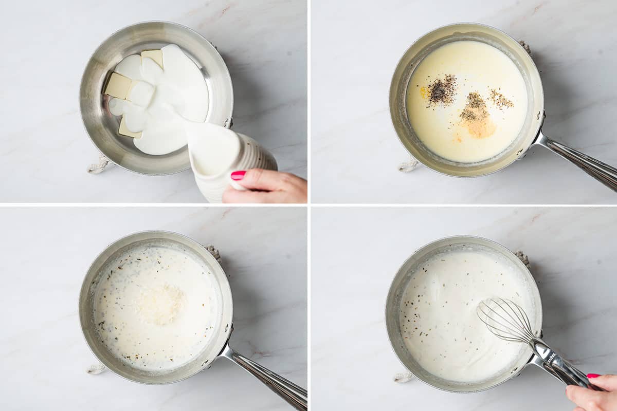 Butter in a saucepan with cream being poured in, followed by seasonings added, followed by parmesan added to the sauce base, then a whisk mixing homemade alfredo sauce in a sauce pan.