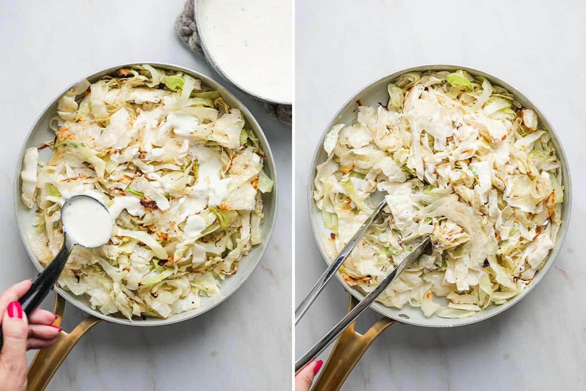 Alfredo sauce being poured over shredded cabbage in a skillet, followed by tongs mixing alfredo cabbage together.