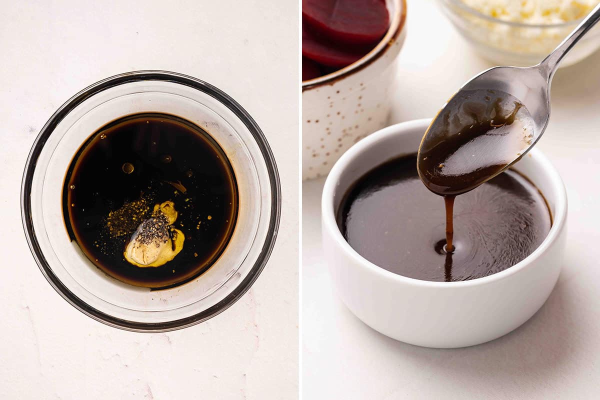 whisking balsamic mustard dressing in a glass bowl, then spooning the finished dressing into a small bowl