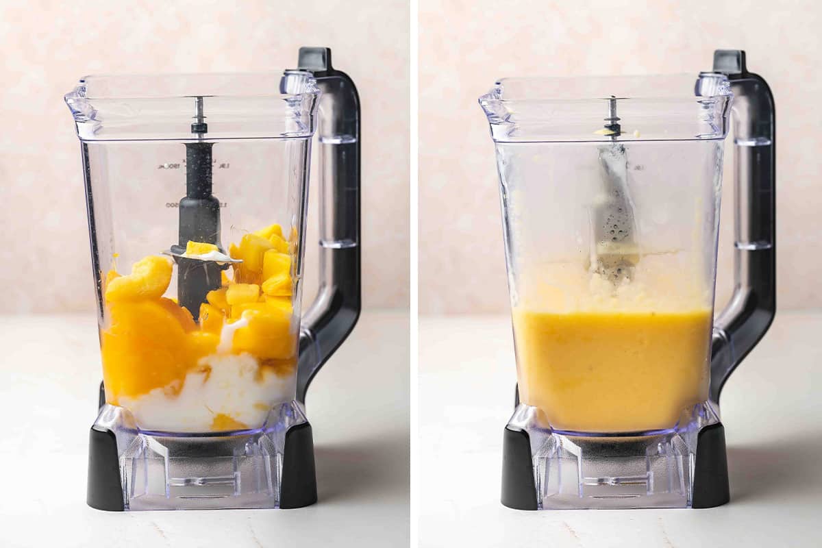 Side-by-side photos of a blender with frozen mango and peach before blending, and the smooth mango orange smoothie after blending.