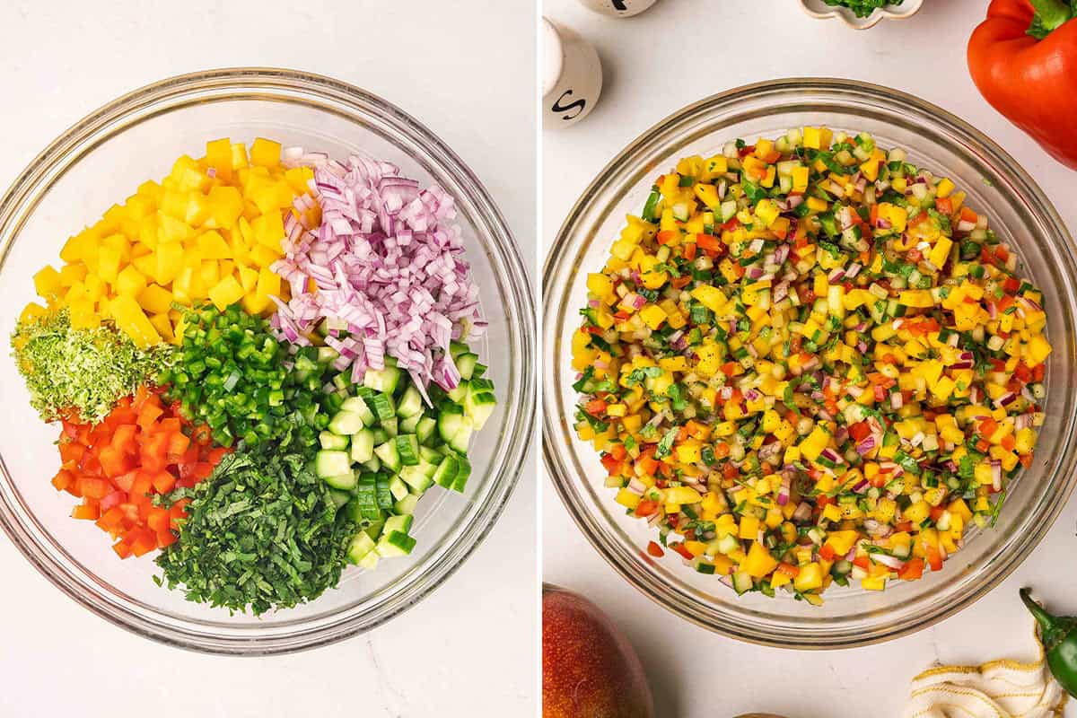 Diced mango, red onion, cilantro, bell pepper, and minced jalapeno in a bowl.