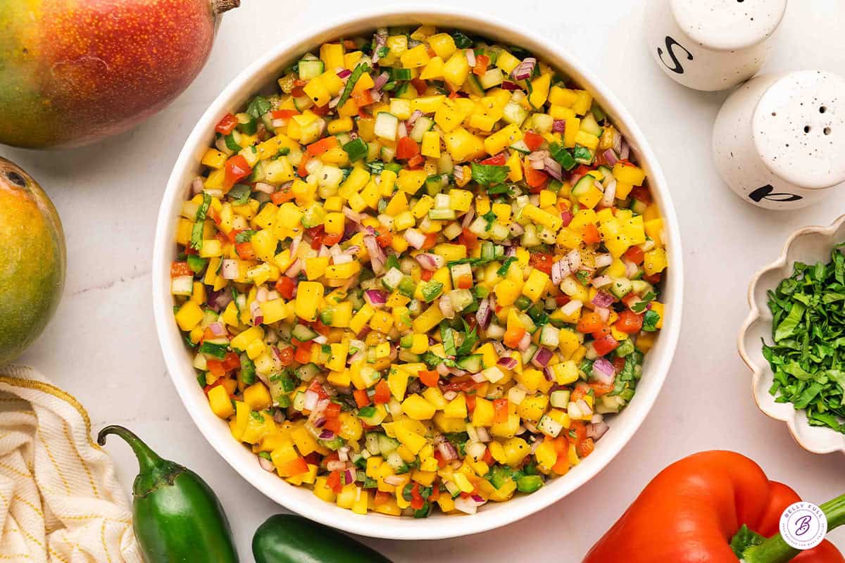 Overhead view of a bowl of mango salsa.
