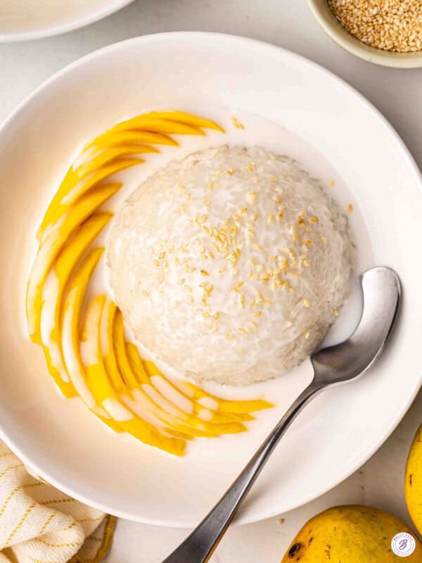 Overhead view of a bowl of finished mango sticky rice.