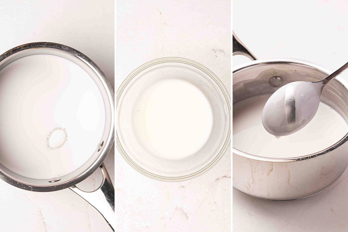 The coconut sauce for mango sticky rice in a sauce pan, then in a small glass bowl, followed by a spoon coated in the sauce.