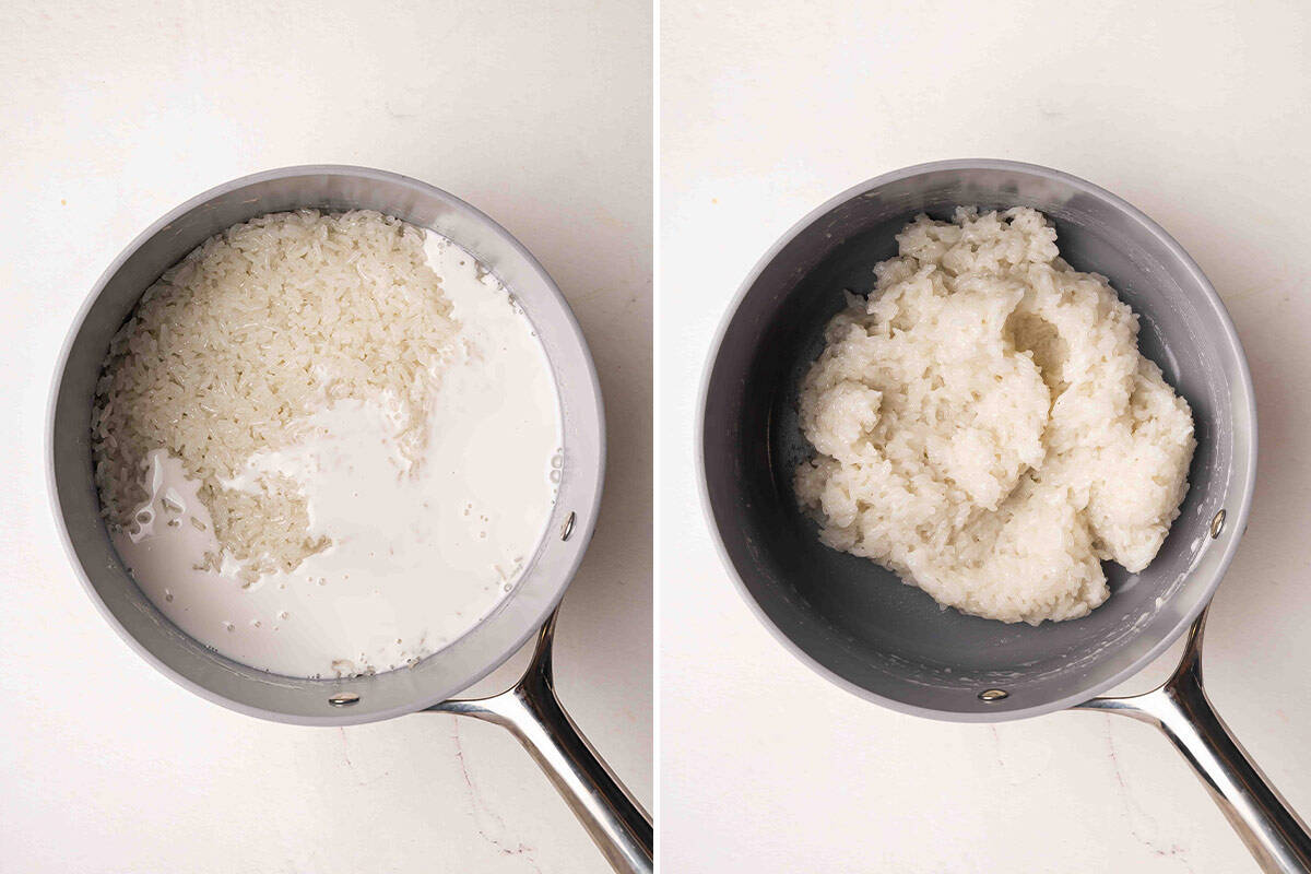 Sticky rice in a sauce pan with coconut sauce added, followed by a pan of coconut sticky rice.
