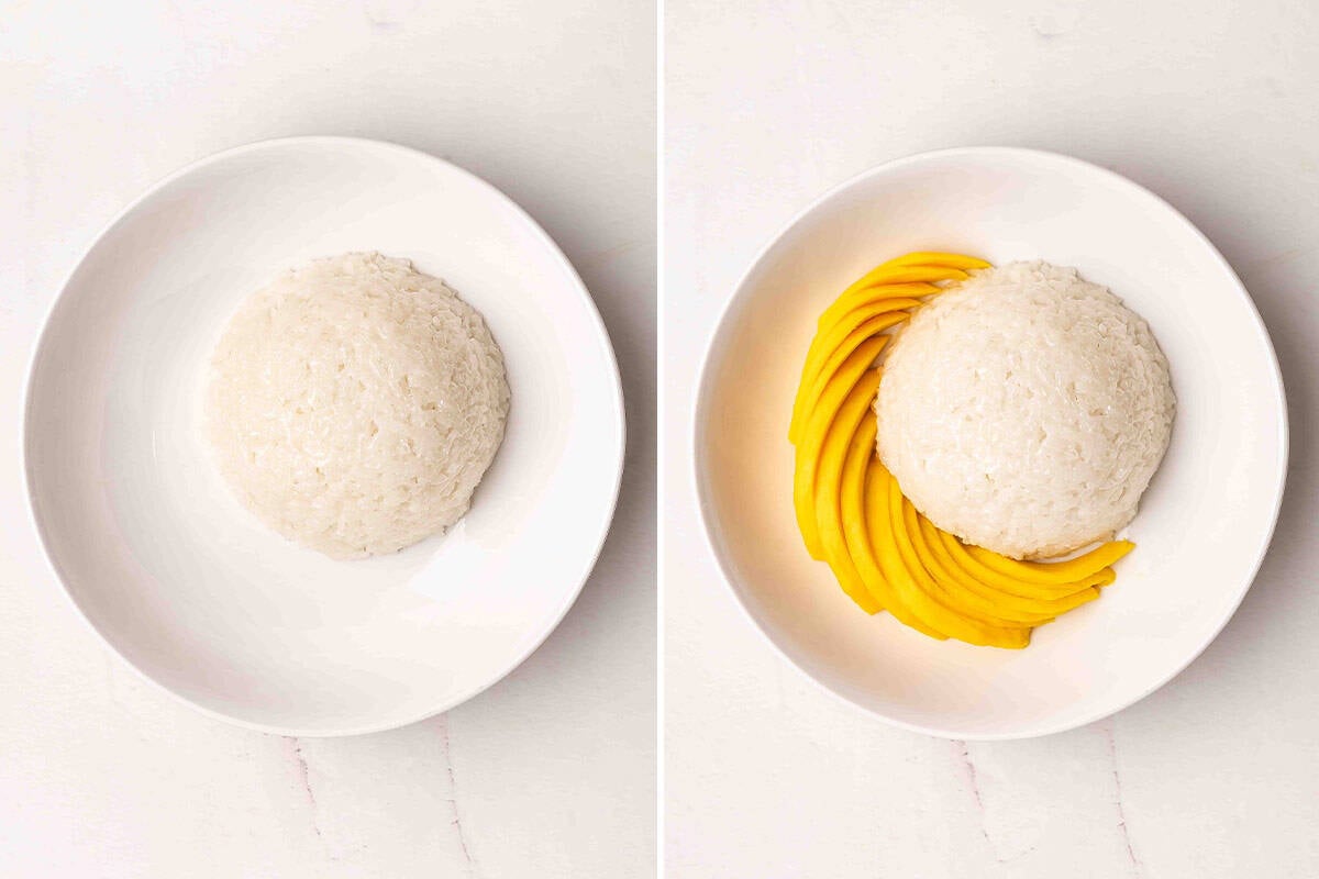 Sticky rice on a plate, followd by sliced mango added to the same plate.