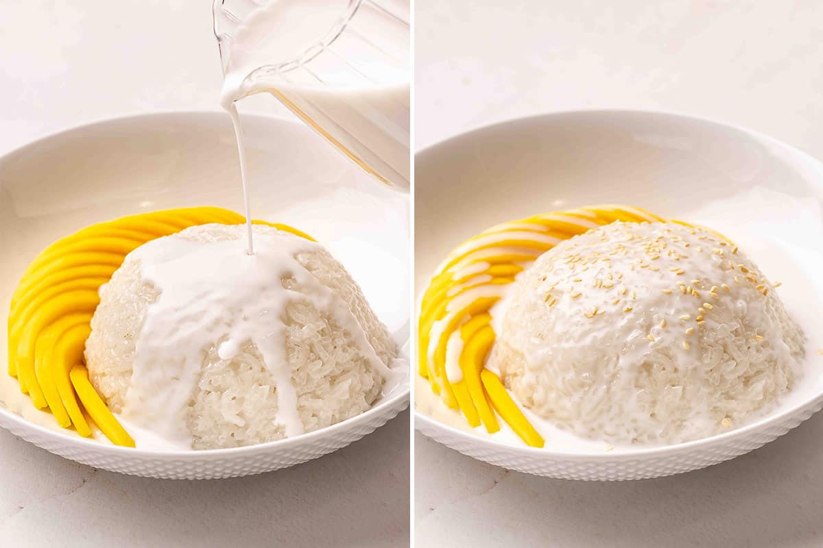 Coconut sauce being poured over mango sticky rice, followed by toasted sesame seeds added on top.