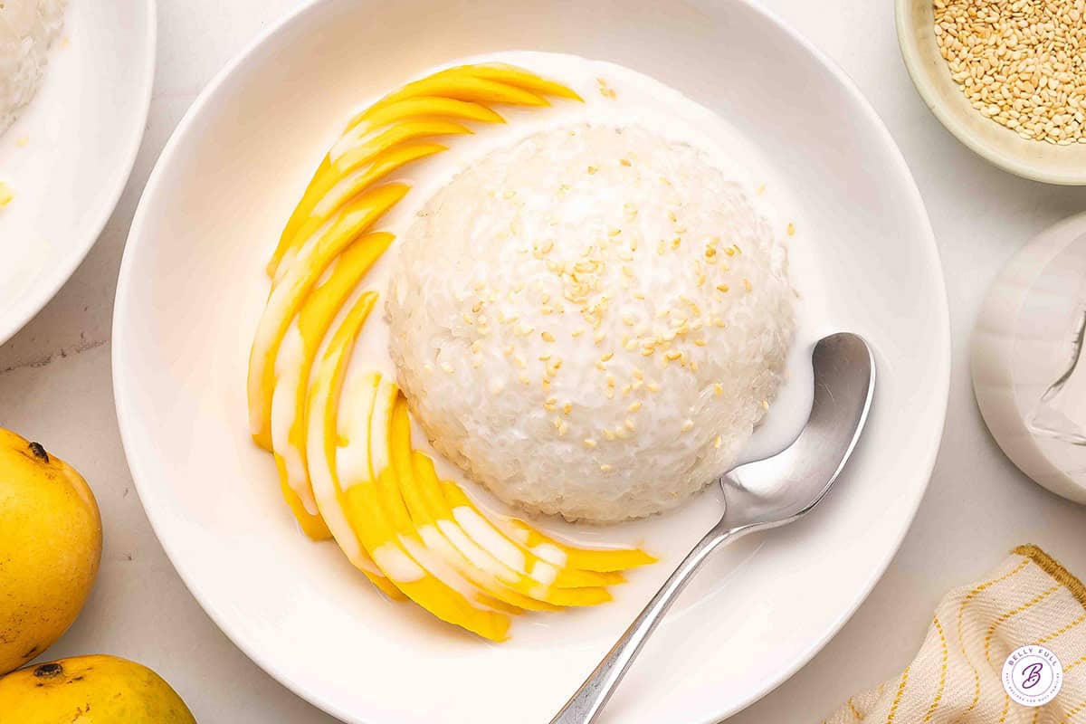 Overhead view of a bowl of finished mango sticky rice.
