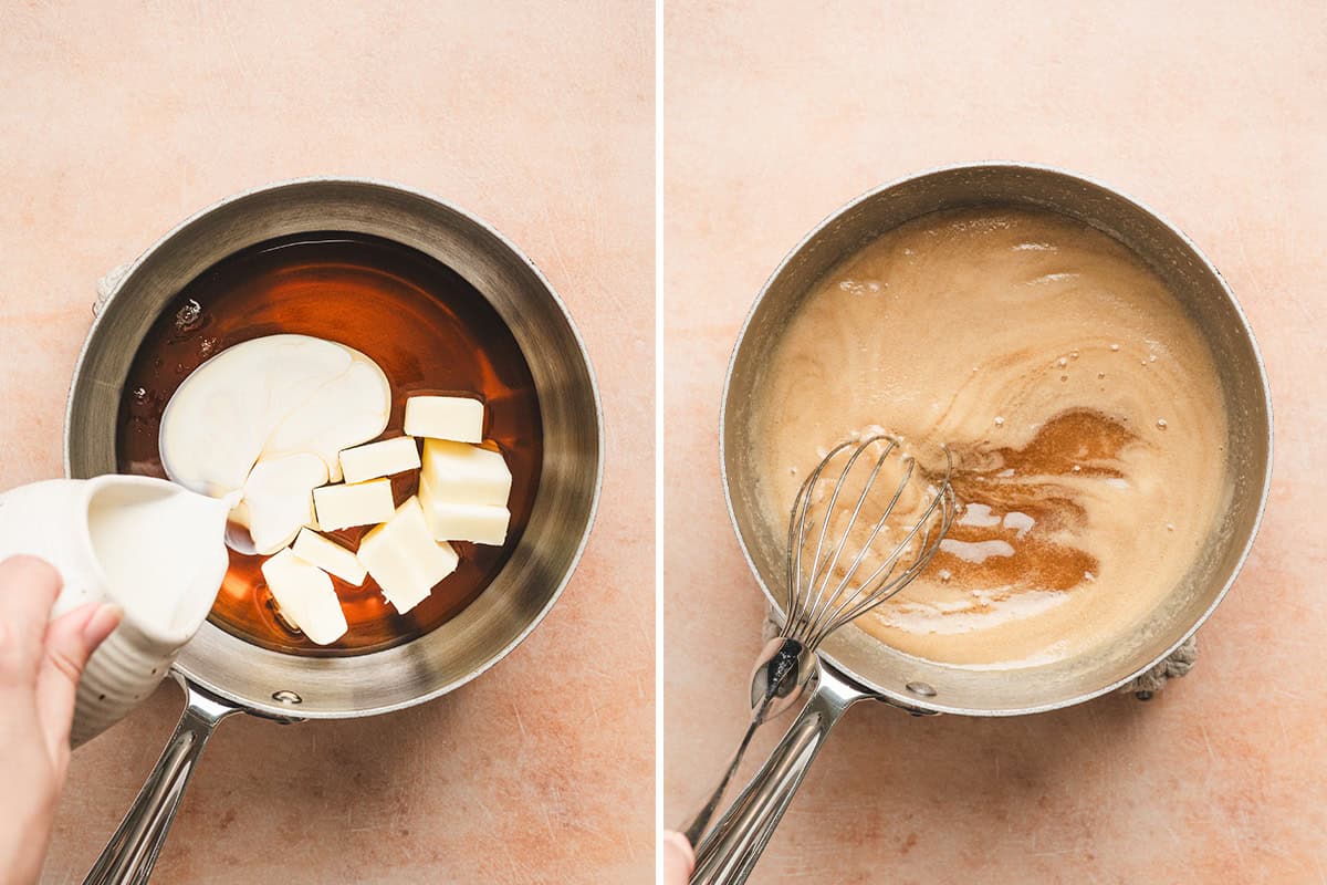 Maple syrup in a saucepan with sliced butter and heavy cream being poured in.