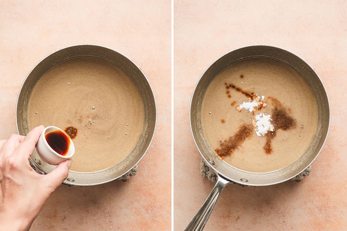 Vanilla extract being poured into maple butter syrup in a sauce pan, followed by baking soda and salt also added to the sauce pan.