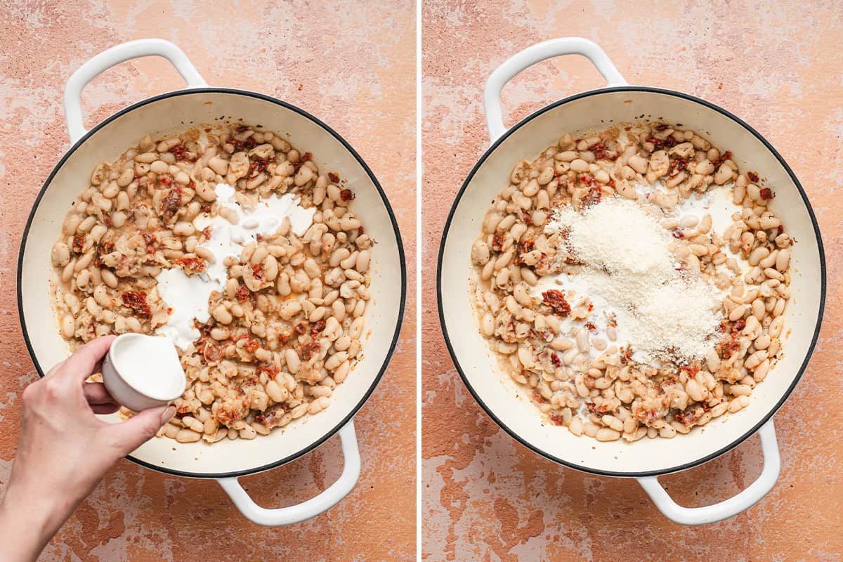 Cream being poured into a skillet of Marry Me white beans, followed by the same skillet of beans with grated Parmesan sprinkled on top.