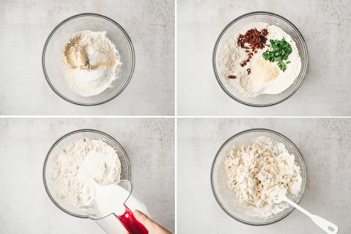 Flour and seasonings in a bowl, followed by sundried tomatoes and fresh basil added, followed by cream being poured into the dry ingredients, followed by a craggy swim biscuit dough in a bowl.