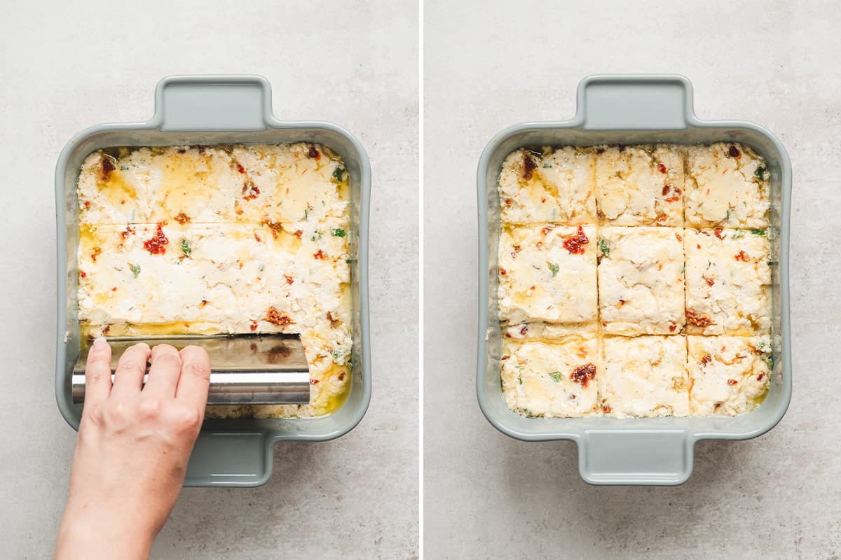 Marry me butter swim biscuit dough being divided by someone holding a bench scraper, followed by the divided dough in a baking dish.